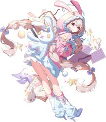 Rule 34 | 1girl, animal bag, animal hood, bag, beleth (eversoul), blue footwear, book, bookmark, braid, button eyes, cotton ball, cross-laced clothes, eversoul, flower, from behind, game cg, hair between eyes, halo, high heels, highres, hood, hood up, long sleeves, looking at viewer, looking to the side, loose socks, mechanical halo, non-web source, official alternate costume, official art, open book, pajamas, paper, parted lips, pink eyes, pink hair, rabbit, rabbit hood, skirt, socks, solo, sparkle, standing, star (symbol), stuffed animal, stuffed toy, tachi-e, thighs, transparent background, twin braids, white halo, white skirt, wide sleeves