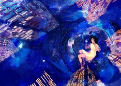 Rule 34 | 1girl, barefoot, black eyes, black hair, building, commentary request, dress, from above, gemi, lying, on side, original, partially submerged, profile, short hair, short sleeves, skyscraper, solo, star (sky), white dress