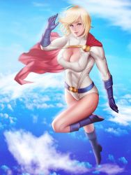 Rule 34 | 1girl, audia pahlevi, blonde hair, blue sky, boots, breasts, cape, cleavage, cleavage cutout, clothing cutout, cloud, dc comics, flying, gloves, highres, kryptonian, leotard, midair, power girl, red cape, short hair, sky, solo, superman (series)
