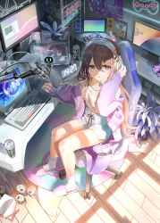 Rule 34 | 1girl, absurdres, breasts, brown hair, can, canned coffee, carpet, chair, collarbone, commentary request, computer, controller, dappled sunlight, drink can, from above, game controller, gaming chair, hair over one eye, headphones, highres, idolmaster, idolmaster shiny colors, indoors, jacket, keyboard (computer), long hair, looking at viewer, medium breasts, microphone, microphone stand, monitor, nemu kotatsu, nintendo switch, off-shoulder shirt, off shoulder, on chair, open can, open clothes, open jacket, osaki tenka, plant, potted plant, shirt, shorts, sitting, slippers, socks, solo, sunlight, swivel chair, yellow eyes