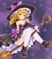 Rule 34 | 1girl, :d, adapted costume, arm up, ass, bare shoulders, black capelet, black dress, black footwear, black hat, blonde hair, blush, boots, bow, braid, breasts, broom, broom riding, cane, capelet, detached sleeves, dress, footwear ribbon, frills, full body, gloves, hair between eyes, hair bow, hat, hat bow, highres, holding, holding broom, kirisame marisa, long hair, looking at viewer, open mouth, petticoat, purple background, purple bow, purple ribbon, ribbon, ribbon-trimmed sleeves, ribbon trim, single braid, small breasts, smile, solo, star (symbol), starry background, strapless, strapless dress, thighhighs, thighs, touhou, white gloves, white thighhighs, witch hat, yangshangshu, yellow eyes