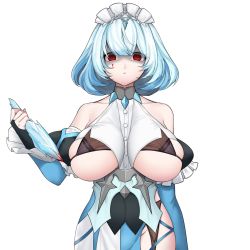 Rule 34 | 1girl, bad id, bad pixiv id, bare shoulders, blood, blood on face, blue hair, bob cut, breasts, commentary, crazy eyes, detached sleeves, dress, expressionless, hair between eyes, highres, icicle, kbn317, large breasts, last origin, light blue hair, looking at viewer, maid headdress, red eyes, shaded face, short hair, simple background, solo, titania frost, underboob, white background