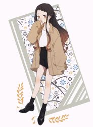 Rule 34 | 1girl, alternate hairstyle, arm at side, black footwear, black hair, black legwear, black shorts, braid, braided ponytail, brown hair, brown jacket, contemporary, covered mouth, covering own mouth, fashion, full body, grey background, hair ribbon, hand over own mouth, hand up, highres, jacket, kamado nezuko, kimetsu no yaiba, long hair, looking at viewer, mouth hold, multicolored hair, ponytail, red eyes, ribbon, shirt, shoes, shorts, sidelocks, sleeves past wrists, solo, standing, sunn lo, two-tone hair, white shirt
