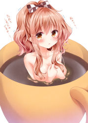 Rule 34 | 1girl, blush, bow, breasts, brown bow, brown eyes, checkered bow, checkered clothes, coffee, collarbone, commentary, cup, hair between eyes, hair bow, hair over breasts, hair ribbon, hands on own chest, in container, in cup, large breasts, light brown hair, long hair, looking at viewer, mini person, minigirl, nogi takayoshi, original, parted lips, partially submerged, personification, ribbon, simple background, solo, teacup, topless, translated, trembling, wavy hair, white background, white bow
