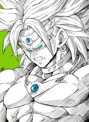 Rule 34 | 1boy, abs, absurdres, blue eyes, broly (dragon ball z), circlet, clenched teeth, commentary request, dragon ball, dragonball z, earrings, furrowed brow, green background, hatching (texture), highres, jewelry, liedein, male focus, monochrome, muscular, muscular male, neck ring, pectorals, signature, solo, spot color, teeth, upper body