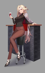 Rule 34 | 1girl, absurdres, alcohol, alternate costume, black footwear, black shirt, blonde hair, breasts, brown pants, commentary request, cup, drinking glass, genshin impact, grey background, grin, hand up, high heels, highres, holding, holding cup, jacket, jacket on shoulders, long hair, looking at viewer, medium breasts, no-ba, pants, parted lips, pink lips, purple eyes, shadow, shirt, signora (genshin impact), simple background, sitting, smile, solo, turtleneck, very long hair, white jacket, wine, wine glass