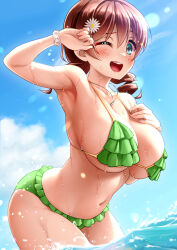 Rule 34 | 1girl, ;d, armpits, bare arms, bare shoulders, bikini, blue eyes, blue sky, blush, breasts, brown hair, cleavage, cloud, collarbone, commentary request, cowboy shot, day, drill hair, emma verde, flower, freckles, frilled bikini, frills, green bikini, hair between eyes, hair flower, hair ornament, halterneck, hand on own chest, hands up, highres, jewelry, large breasts, leaning forward, lens flare, looking at viewer, love live!, love live! nijigasaki high school idol club, medium hair, navel, necklace, ocean, one eye closed, open mouth, outdoors, pendant, scrunchie, shimashima salmon, sky, smile, solo, standing, stomach, swimsuit, teeth, twin drills, upper teeth only, wading, water drop, wet, white flower, white scrunchie, wrist scrunchie