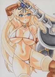 Rule 34 | 1girl, axe, bikini, blonde hair, blue eyes, blush, boots, breasts, choker, cleavage, curvy, fingerless gloves, gloves, kusugawa sasara, large breasts, long hair, mechanical pencil, millipen (medium), navel, pencil, shield, simple background, slit pupils, solo, swimsuit, thighhighs, to heart (series), to heart 2, to heart 2 dungeon travelers, traditional media, weapon, white background, white bikini, yutakasan-love