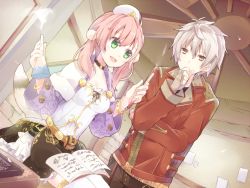 Rule 34 | 10s, 1boy, 1girl, :d, atelier (series), atelier escha &amp; logy, bad id, bad pixiv id, black skirt, blush, book, bracelet, breasts, choker, coat, corset, dutch angle, escha malier, fingerless gloves, flask, gloves, green eyes, hair between eyes, hat, holding, jacket, jewelry, logix ficsario, looking at another, necklace, open book, open mouth, pink hair, serious, short hair, sitting, skirt, smile, strapless, sxupxdxxy, tail, twintails, white hair, yellow eyes