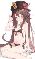 Rule 34 | 1girl, absurdres, bikini, black bikini, blush, breasts, brown hair, danyo (chung0226), feet, flower, genshin impact, hat, hat flower, hat tip, highres, hu tao (genshin impact), jewelry, legs, long hair, looking at viewer, nail polish, navel, red eyes, ring, seiza, side-tie bikini bottom, simple background, sitting, small breasts, smile, solo, swimsuit, thighs, top hat, twintails, underboob, very long hair, white background