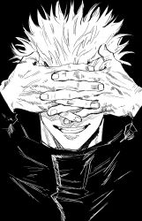 Rule 34 | 1boy, bad id, bad pixiv id, covered eyes, covering own eyes, facing viewer, gojou satoru, greyscale, grin, hands up, high collar, highres, hk (i2r), jacket, jujutsu kaisen, male focus, monochrome, short hair, simple background, sketch, smile, solo, upper body