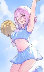 Rule 34 | 1girl, alternate costume, arm up, armpits, bad id, bad twitter id, blue shirt, blue skirt, breasts, cheerleader, commentary request, crop top, cropped shirt, crossed legs, highres, holding, holding pom poms, honkai: star rail, honkai (series), jumping, looking at viewer, march 7th (honkai: star rail), medium breasts, midriff, navel, one eye closed, open mouth, pink eyes, pink hair, pom pom (cheerleading), pom poms, revision, shirt, short hair, sidelocks, skirt, smile, solo, zenshin