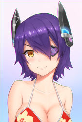 Rule 34 | 10s, 1girl, bikini, bikini top only, breasts, cleavage, eyepatch, female focus, gradient background, headgear, kantai collection, large breasts, purple hair, short hair, smile, solo, swimsuit, tenryuu (kancolle), yi l chen 5