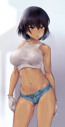 Rule 34 | 1girl, asymmetrical breasts, bare arms, bare shoulders, black hair, blue shorts, breasts, cowboy shot, crop top, denim, denim shorts, girls und panzer, gloves, green eyes, grey gloves, highres, hoshino (girls und panzer), large breasts, looking at viewer, micro shorts, midriff, navel, parted lips, shirt, short hair, shorts, sleeveless, sleeveless shirt, solo, standing, stomach, sweat, tank top, taut clothes, taut shirt, thighs, wa (genryusui), white shirt