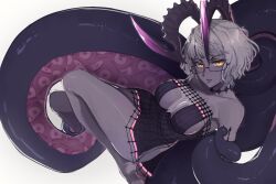 Rule 34 | 13addendum, 1girl, bare shoulders, black dress, breasts, choker, cleavage, collarbone, colored skin, dress, fate/grand order, fate (series), glasses, grey hair, grey skin, highres, horns, jacques de molay (foreigner) (fate), jacques de molay (foreigner) (third ascension) (fate), large breasts, looking at viewer, short dress, short hair, solo, tentacles, thighs, yellow eyes