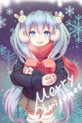Rule 34 | 1girl, :d, blue eyes, blue hair, breath, coat, earmuffs, english text, fur trim, gift, hair ornament, hatsune miku, highres, long hair, long sleeves, looking at viewer, matching hair/eyes, md5 mismatch, merry christmas, mittens, hugging object, open mouth, pleated skirt, rabbit hair ornament, resolution mismatch, scarf, skirt, smile, snowflakes, solo, source larger, thigh gap, thighhighs, twintails, very long hair, vocaloid, xiao chichi, zettai ryouiki
