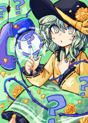 Rule 34 | 1girl, absurdres, black hat, blouse, blush, bow, bright pupils, buttons, corded phone, diamond button, eyeball, feet out of frame, floral print, flower, frilled shirt collar, frilled skirt, frilled sleeves, frills, green background, green eyes, green hair, green skirt, hat, hat bow, hat ribbon, heart, heart-shaped pupils, highres, komeiji koishi, long sleeves, medium hair, open mouth, phone, ribbon, rose, rose print, shirt, skirt, solo, stunionjy, symbol-shaped pupils, third eye, touhou, wavy hair, white pupils, wide sleeves, yellow bow, yellow flower, yellow ribbon, yellow rose, yellow shirt