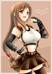Rule 34 | 1girl, absurdres, bare shoulders, belt, black gloves, black skirt, black thighhighs, breasts, brown hair, eiria0228, elbow gloves, elbow pads, final fantasy, final fantasy vii, final fantasy vii rebirth, final fantasy vii remake, fingerless gloves, gloves, highres, large breasts, long hair, low-tied long hair, midriff, miniskirt, navel, open mouth, pleated skirt, red eyes, single elbow pad, skirt, smile, solo, suspenders, tank top, thighhighs, tifa lockhart, zettai ryouiki