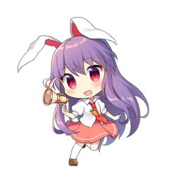 Rule 34 | 1girl, animal ears, brown footwear, carrot, chibi, collared shirt, full body, holding, holding weapon, long hair, lowres, lunatic gun, necktie, open mouth, pink skirt, puffy short sleeves, puffy sleeves, purple hair, rabbit ears, red eyes, red necktie, reisen udongein inaba, shirt, short sleeves, simple background, skirt, smile, solo, touhou, transparent background, weapon, white background, white legwear, yada (xxxadaman), yellow shirt