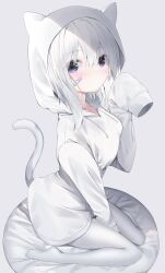 Rule 34 | 1girl, absurdres, animal ears, animal hood, bandaid, bandaid on cheek, bandaid on face, between legs, blush, breasts, cat ears, cat hood, cat tail, closed mouth, drawstring, fake animal ears, from side, grey background, hair between eyes, hand between legs, hand up, highres, hood, hood up, hoodie, long sleeves, looking at viewer, looking to the side, medium breasts, neku (neku draw), no shoes, original, pantyhose, puffy long sleeves, puffy sleeves, purple eyes, simple background, sitting, sleeves past fingers, sleeves past wrists, solo, tail, wariza, white hair, white hoodie, white pantyhose
