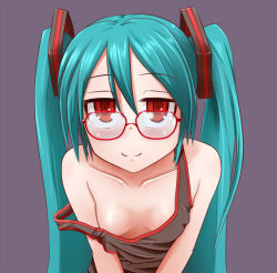 Rule 34 | 00s, 1girl, aqua hair, bad id, bad pixiv id, bespectacled, blush, breasts, cleavage, downblouse, glasses, hatsune miku, kocchi muite baby (vocaloid), leaning forward, long hair, looking over eyewear, n2m3, no bra, off shoulder, project diva (series), project diva 2nd, red eyes, simple background, small breasts, smile, solo, strap slip, twintails, vocaloid