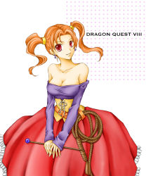 Rule 34 | 1girl, bad id, bad pixiv id, bare shoulders, breasts, cleavage, copyright name, dragon quest, dragon quest viii, dress, earrings, female focus, highres, jessica albert, jewelry, orange hair, purple shirt, red eyes, red hair, shirt, solo, sorano namida, square enix, strapless, strapless dress, twintails, wand, whip, white background