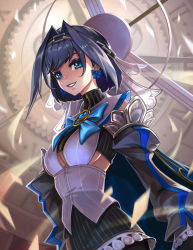 Rule 34 | 1girl, black hair, blue cape, blue eyes, blue neckwear, blue ribbon, bow, bow earrings, breasts, cape, chain, cleavage, clothing cutout, detached sleeves, earrings, fantasy, gears, hair intakes, hololive, hololive english, imdrunkontea, jewelry, looking at viewer, open mouth, ouro kronii, ouro kronii (1st costume), ribbon, shirt, solo, teeth, underboob cutout, virtual youtuber, white shirt
