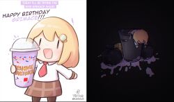 Rule 34 | 1girl, 2koma, :d, blonde hair, blush, box, brown pantyhose, brown skirt, cardboard box, chibi, collared shirt, comic, commentary, cup, disposable cup, english commentary, english text, grimace shake (meme), happy birthday, highres, holding, holding cup, hololive, hololive english, in trash can, long sleeves, looking at viewer, mcdonald&#039;s, medium hair, meme, miniskirt, monocle, moon ldl, necktie, open mouth, outstretched arms, pantyhose, plaid, plaid skirt, purple liquid, red necktie, shirt, simple background, skirt, sleeves past wrists, smile, smol ame, solo, standing, tiktok, tiktok logo, trash bag, trash can, twitter username, virtual youtuber, watson amelia, white background, white shirt