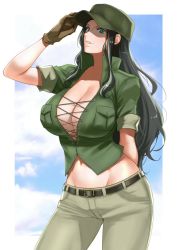Rule 34 | 1girl, adjusting clothes, adjusting headwear, anagumasan, blue eyes, breast pocket, breasts, brown gloves, cleavage, cowboy shot, cropped legs, gloves, green shirt, highres, khakis, midriff, military, military uniform, nico robin, official alternate costume, one piece, one piece heart of gold, pants, pocket, shaded face, shirt, sleeves rolled up, thighs, uniform, wide hips