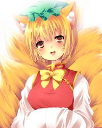 Rule 34 | 1girl, absurdres, animal ears, bad id, bad pixiv id, blonde hair, blush, bow, breasts, chen, chen (cosplay), cosplay, dress, fang, female focus, fox ears, fox tail, hands in opposite sleeves, hat, highres, long sleeves, medium breasts, multiple tails, nekonomati, open mouth, pink eyes, red dress, short hair, smile, solo, tail, touhou, touhou m-1 grand prix, yakumo ran