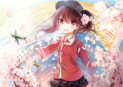 Rule 34 | 10s, 1girl, :d, aircraft, airplane, black skirt, blush, brown eyes, brown hair, flower, hair flower, hair ornament, japanese clothes, kantai collection, kariginu, kinyla, looking at viewer, magatama, open mouth, pleated skirt, ryuujou (kancolle), scroll, skirt, smile, solo, twintails, visor cap