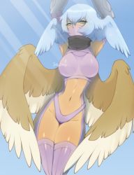 Rule 34 | 1girl, absurdres, armor, blue hair, breasts, curvy, digimon, digimon frontier, head wings, highres, jellyenvy, monster girl, revealing clothes, scarf, shiny skin, shutumon, simple background, solo, thighhighs, thong, wide hips, wings