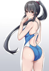 Rule 34 | 1girl, aga marino, ass, black hair, blue one-piece swimsuit, brown eyes, commentary request, competition swimsuit, cowboy shot, gradient background, grey background, kantai collection, long hair, looking to the side, one-piece swimsuit, ponytail, scrunchie, sidelocks, solo, standing, swimsuit, white background, yahagi (kancolle)