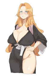 Rule 34 | 1girl, bleach, blue eyes, blush, breasts, embarrassed, feet out of frame, hand on own hip, highres, huge breasts, japanese clothes, kimono, leebo (leeboxxx), long hair, looking at viewer, matsumoto rangiku, mole, mole under mouth, orange hair, pubic hair, teasing, thighs, white background