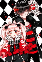 Rule 34 | 1boy, 1girl, :&gt;, animal hands, ayamo (devi rock), black hair, blush, devi rock, earmuffs, gloves, long hair, multicolored hair, naki ringo, original, paw gloves, pink hair, red eyes, red hair, shirt, skirt, smile, striped clothes, striped shirt, taito (devi rock), tite (devi rock), tongue, tongue out, twintails