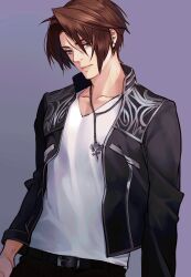 Rule 34 | 1boy, belt, black jacket, black pants, blue eyes, brown hair, earrings, expressionless, final fantasy, final fantasy viii, gradient background, highres, jacket, jewelry, male focus, necklace, nini tw99, open clothes, open jacket, pants, scar, scar on face, scar on forehead, shirt, short hair, simple background, solo, squall leonhart, standing, stud earrings, v-neck, white shirt