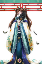 Rule 34 | 1girl, ahoge, bad id, bad pixiv id, black feathers, brown hair, chinese clothes, covering privates, covering face, earrings, hand fan, feather fan, feathers, flat chest, frills, hanfu, highres, jewelry, long hair, original, purple eyes, sash, sida (count zero), solo, standing, twintails