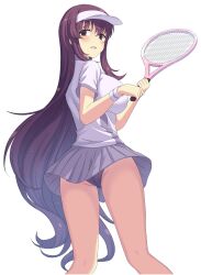 Rule 34 | 1girl, ass, ball, blush, breasts, commentary request, embarrassed, hat, highres, holding, holding racket, large breasts, long hair, looking at viewer, murasaki (senran kagura), open mouth, outdoors, panties, perapera, pleated skirt, purple eyes, purple hair, purple panties, purple shirt, purple skirt, racket, senran kagura, senran kagura shinovi versus, shirt, sidelocks, simple background, skirt, sky, solo, sportswear, standing, tennis, tennis racket, tennis uniform, thighs, tree, trefoil, underwear, very long hair, visor cap, wavy mouth, white background, white hat, wristband