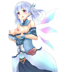 Rule 34 | 125buri, 1girl, blue hair, blush, breast hold, breasts, breasts out, female focus, looking at viewer, nipples, open mouth, purple eyes, smile, solo, twintails