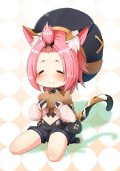 Rule 34 | 1girl, animal ear fluff, bag, bangs pinned back, belt, black shorts, checkered background, chibi, commentary request, detached sleeves, diona (genshin impact), food, forehead, genshin impact, gloves, hair ribbon, hat, holding, holding food, looking at viewer, mitsubasa miu, navel, paw print, pink hair, puffy detached sleeves, puffy shorts, puffy sleeves, ribbon, short hair, shorts, sidelocks, simple background, sitting, smile, solo, taiyaki, thick eyebrows, wagashi, wariza, white gloves