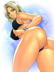 Rule 34 | 1girl, ass, bikini, black bikini, blonde hair, blue eyes, breasts, cleavage, cloud, dead or alive, from behind, homare (fool&#039;s art), large breasts, long hair, looking at viewer, looking back, parted lips, sky, solo, swimsuit, tecmo, teeth, thong bikini, tina armstrong, wristband