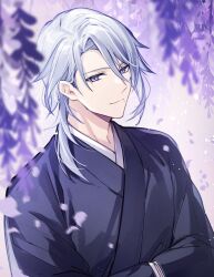 Rule 34 | 1boy, ayaka (genshin impact), black kimono, blurry, blurry background, closed mouth, commentary request, depth of field, flower, genshin impact, grey hair, hair between eyes, hands in opposite sleeves, highres, japanese clothes, kimono, long sleeves, male focus, mochizuki shiina, mole, mole under mouth, parted bangs, petals, purple eyes, purple flower, smile, solo, upper body, wisteria