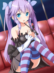 Rule 34 | &gt;:o, 1girl, :o, bare shoulders, blue eyes, blush, bow, detached sleeves, hair bow, long hair, looking at viewer, ok-ray, original, purple hair, skirt, solo, striped clothes, striped thighhighs, thighhighs, twintails, v-shaped eyebrows, yukaribe setsuko