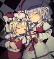 Rule 34 | 2girls, adapted costume, alternate headwear, ascot, bat wings, blonde hair, checkered floor, closed eyes, closed mouth, collared shirt, crystal, flandre scarlet, frilled ascot, frilled shirt collar, frilled sleeves, frills, grey hair, hand on another&#039;s headwear, hand on own stomach, hat, hat ribbon, highres, holding hands, juliet sleeves, long sleeves, lying, mob cap, multicolored wings, multiple girls, on back, on floor, pointy ears, puffy sleeves, red ribbon, red skirt, red vest, remilia scarlet, ribbon, shadow, shirt, siblings, sisters, skirt, skirt set, sleeve ribbon, tekina (chmr), touhou, vest, white headwear, white shirt, wings, yellow ascot