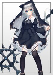 Rule 34 | 1girl, absurdres, animal ears, black dress, black footwear, black thighhighs, blue eyes, breasts, cat ears, cat tail, closed mouth, dress, fake animal ears, feet out of frame, frilled dress, frilled sleeves, frills, gradient background, grey background, grey hair, hair between eyes, highres, hinata (user rjkt4745), juliet sleeves, lace, lace-trimmed legwear, lace trim, long sleeves, looking at viewer, neck ribbon, nun, original, puffy sleeves, ribbon, shoes, small breasts, solo, standing, tail, thighhighs, veil, white background, white ribbon, wide sleeves
