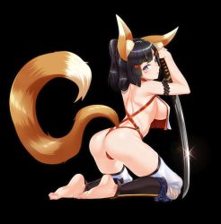Rule 34 | 1girl, :o, animal ears, armlet, armpits, arms up, ass, back, bad id, bad twitter id, bare back, bare shoulders, barefoot, black background, black hair, blunt bangs, blush, breasts, closed eyes, facial mark, feet, food, fox ears, fox tail, from behind, full body, glint, hair ornament, hairclip, halterneck, highres, holding, holding food, kagiyama (clave), katana, kneeling, large breasts, leaning forward, lens flare, long hair, looking at viewer, looking back, original, parted bangs, revealing clothes, shin guards, shoulder blades, sideboob, simple background, soles, solo, sword, tail, thick eyebrows, thighs, toes, weapon