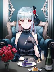 Rule 34 | 1girl, alcohol, bare shoulders, bell, blue hair, chain, chair, champagne, cherry, colored inner hair, couch, cross, crossed bangs, cup, drinking glass, flower, food, fork, frilled shirt collar, frills, fruit, gato, gloves, grapes, highres, holding, holding fork, jewelry, lace, lace gloves, looking at viewer, multicolored hair, necklace, original, pearl necklace, pudding, red eyes, red flower, red hair, red rose, rose, sarablanche, solo, two-tone hair, vase, wine glass