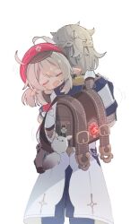Rule 34 | 1boy, 1girl, ahoge, albedo (genshin impact), artist name, backpack, bag, bag charm, blonde hair, blush, boots, bow, braid, brown bag, brown footwear, brown gloves, cabbie hat, carrying, charm (object), closed eyes, clover print, coat, commentary request, cowboy shot, dodoco (genshin impact), drooling, from behind, genshin impact, gloves, hair between eyes, half updo, hat, hood, hood down, hooded coat, klee (genshin impact), light brown hair, long hair, long sleeves, low twintails, medium hair, mochida, mouth drool, open mouth, randoseru, red headwear, sidelocks, simple background, sleeping, socks, sparkle, speech bubble, standing, twintails, twitter username, vision (genshin impact), white background, white bow, white coat, white socks