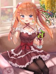 Rule 34 | 1girl, :d, absurdres, bare shoulders, black pantyhose, blue eyes, blue flower, blush, bracelet, braid, breasts, brown pantyhose, collarbone, commentary request, couch, cup, dress, earrings, flower, food, frilled dress, frills, fruit, glint, hair ornament, hair ribbon, hand up, highres, holding, holding cup, holding spoon, huge filesize, ice cream, jewelry, layered dress, long hair, looking at viewer, medium breasts, nail polish, on couch, open mouth, orange hair, original, pantyhose, red dress, red nails, red ribbon, ribbon, sitting, smile, solo, spoon, striped clothes, striped dress, toratora (nanahaba), window, x hair ornament, yellow flower