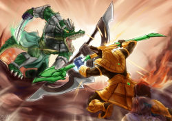 Rule 34 | 2boys, 2girls, armband, armor, battle, blade, blood, brothers, closed eyes, gauntlets, green hair, highres, hug, jewelry, league of legends, long hair, lots of jewelry, multiple boys, multiple girls, nam (valckiry), nasus, open mouth, protecting, red eyes, red hair, renekton, rivalry, short hair, siblings, spikes, staff, sword, tail, tears, teeth, torn clothes, weapon, yellow eyes